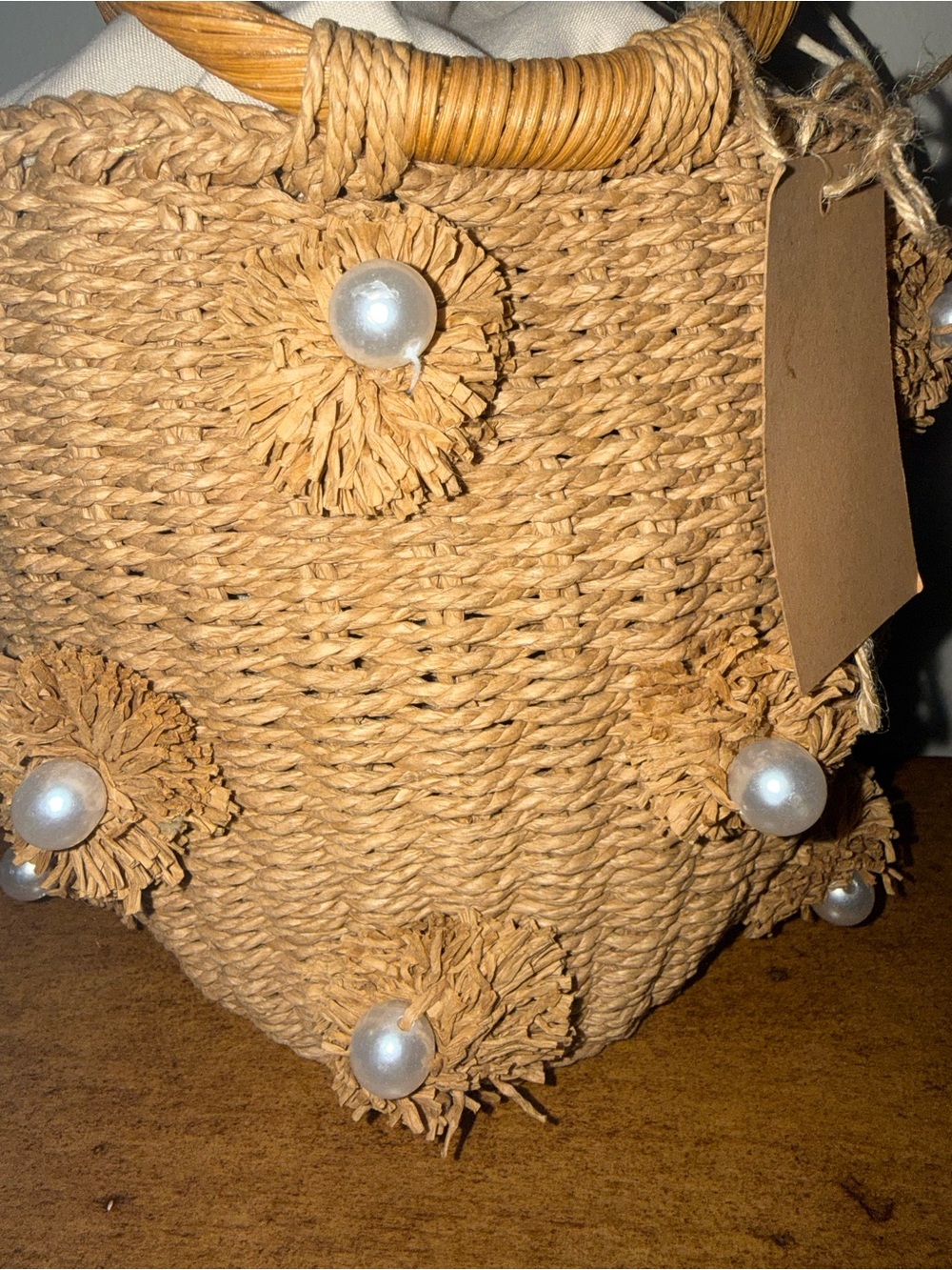 Pearl Flower Straw Bucket Handbag, - Picture 3 of 7